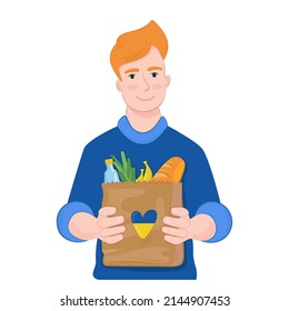 Vector illustration man with a bag of food. Support for Ukraine