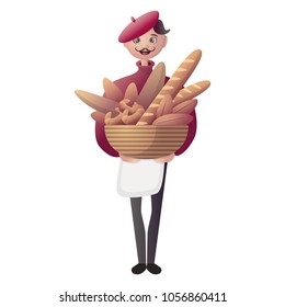Vector illustration, man baker holding basket with freshly made bread and other pastry.