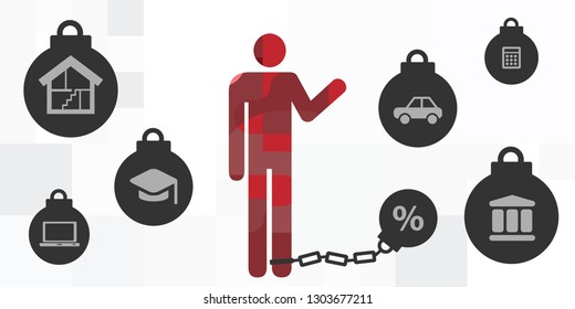 vector illustration of man with ball and chain and bank credits and debts symbols