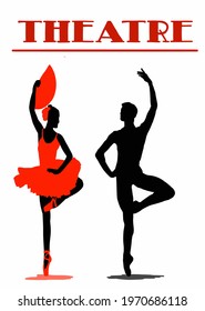 Vector illustration of man in ballet and ballerina. Man is dancing ballet. Male ballet dancer dressed in a professional costume. Classical ballet dancer. Red Inscription of Theatre. 