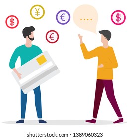 Vector illustration with man with bank card, male assistant helping clients. Financial services. Use of banking technology. Consultant for customer.