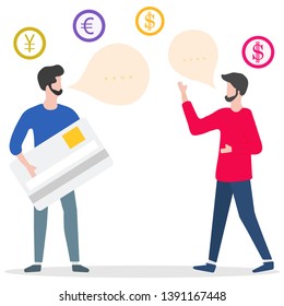 Vector illustration with man with bank card, male assistant helping clients. Financial services. Use of banking technology. Consultant for customer.