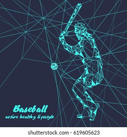 Vector illustration with man baseball player from triangles. Sport vector background in futuristic style. It can be used for branding design, business cards, cover, poster, banner, packaging.