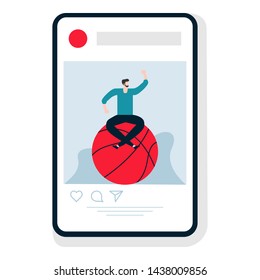 Vector illustration with man, basketball. Playing sports mobile application. Fitness app for sport. Workout for wellness and activity. Healthy lifestyle. Design for app, websites, print, presentation.