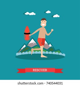 Vector illustration of man beach lifeguard. Rescuer flat style design element.