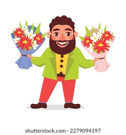Vector illustration of a man with a beard in a jacket holding two beautiful bouquets of flowers.