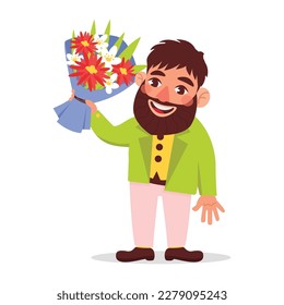 Vector illustration of a man with a beard in a jacket holding a beautiful bouquet of flowers.
