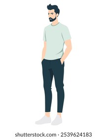 Vector illustration. A man with a beard, in a light green T-shirt and dark trousers, his hands are down, a relaxed pose.