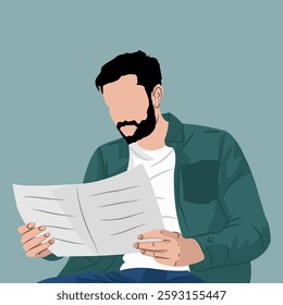 Vector illustration of a man with a beard and mustache without a face, is reading a newspaper