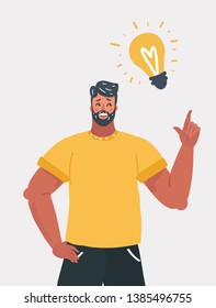 Vector illustration of man with a beard pointing to the bulb. Idea concept. Modern human character on white background.