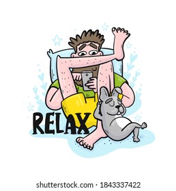 Vector illustration with a man with a beard and a smartphone, which is lying and a dog is lying next to it. Funny Doodle with the inscription relax, which is suitable for clothing for home or dog owne