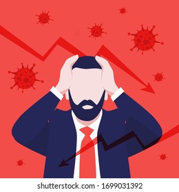 Vector illustration of man with beard in suit in panic with words Work crisis. Economic crisis. Financial crisis and bussiness in danger. World's economic recession, bancrupt, jobless and unemployment