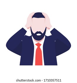 Vektorillustration Illustration eines Menschen mit Bart im Anzug in Panik, der Kopf durch Hand hält.Wirtschaftskrise. Finanzkrise und Unternehmen in Gefahr. Rezession, Bankrott, Arbeitslosigkeit und Arbeitslosigkeit in der Welt