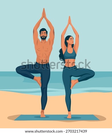 A vector illustration of a man with a beard and a woman with beautiful hair practicing yoga in the Vrikshasana tree pose. Beach landscape, sky, sand. Ideal for health, yoga, fitness, lifestyle content