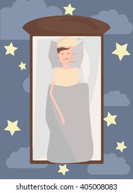 Vector illustration of a man in bed. Sleeping man. Vector illustration