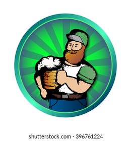 Vector illustration of a man with a beer in the green round frame