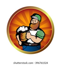 Vector illustration of a man with a beer in the orange round frame