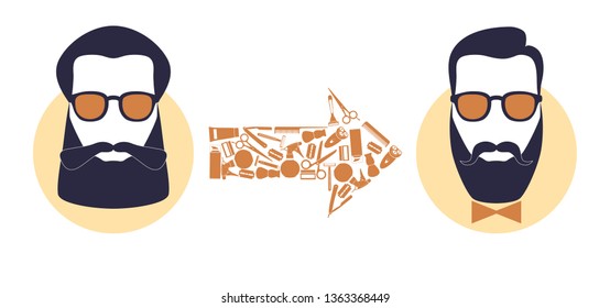 Vector illustration of a man before and after haircuts. Barber shop.