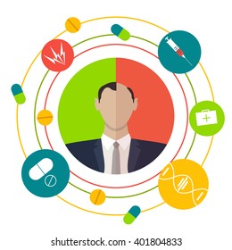 Vector Illustration Of A Man Before And After Hair Loss. Divided Image With Two Halves. Alopecia Factors - Stress, Genetics, Diseases And Medications. Health And Beauty Concept. Infographic Elements.