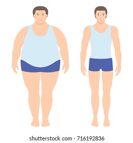 Vector illustration of a man before and after weight loss. Male body in flat style. Successful diet and sport concept. Slim and fat boy.