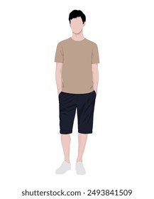 Ilustración vectorial de un hombre en una camiseta beige y pantalones cortos negros. Completada con zapatillas blancas.