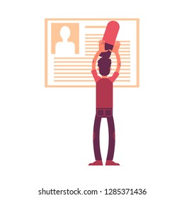 Vector illustration of man with big eraser deleting personal information from his profile or social network account in flat style isolated on white background. GDPR right to be forgotten.