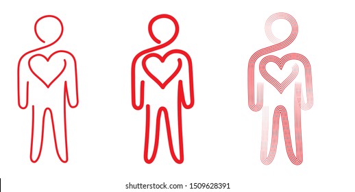 Vector illustration of a man with a big heart on a white background, hand drawing