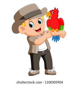 vector illustration of man the birds trainer with doing tricks parrot