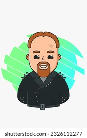 Ilustración vectorial de un hombre con una chaqueta negra de bicicleta sobre el fondo de fragmentos de un círculo azul-verde