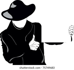vector illustration of a man in a black coat and hat, which one hand holds a piece of white paper, and the second hand points to this paper
