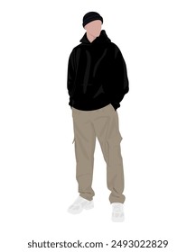 Vector illustration. A man in a black hoodie and light pants, complemented by white sneakers. Dark and stylish image.