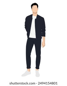 Vektorillustration eines Mannes in schwarzer Jacke, weißem T-Shirt und schwarzer Hose. Klassischer Casual-Stil
