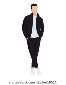 Vector illustration of a man in a black jacket, white t-shirt and black pants. Classic casual style