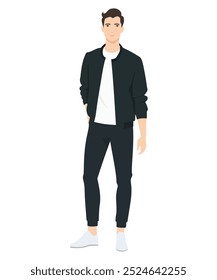 Vector illustration of a man in a black jacket, white t-shirt and black pants. Classic casual style