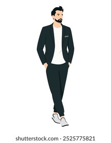 Ilustração vetorial de um homem de terno preto com sapatos clássicos. Fato preto para eventos formais