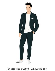 Ilustración vectorial de un hombre en traje negro con zapatos clásicos. Traje negro para eventos formales