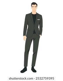 Ilustración vectorial de un hombre en traje negro con zapatos clásicos. Traje negro para eventos formales