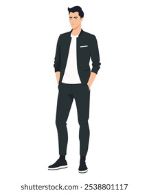 Ilustración vectorial de un hombre en traje negro con zapatos clásicos. Traje negro para eventos formales