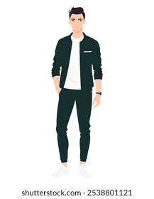 Ilustración vectorial de un hombre en traje negro con zapatos clásicos. Traje negro para eventos formales