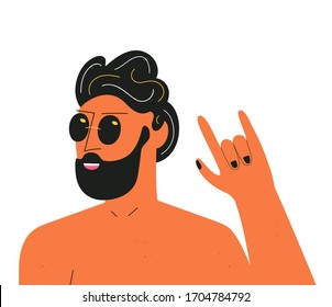 Vector illustration with man in black sunglasses showing rock sign. Summer print design, grunge texture