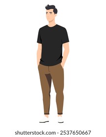 Vector illustration. Man in black T-shirt and brown trousers.