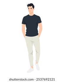 Vector illustration. Man in black T-shirt and light trousers standing with relaxed pose. Casual look for walks.