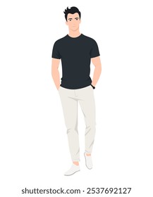 Vector illustration. Man in black T-shirt and light trousers standing with relaxed pose. Casual look for walks.