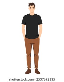 Vector illustration. Man in black T-shirt and brown trousers.