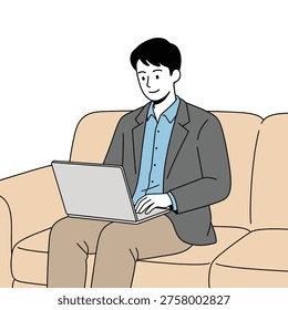 Vector illustration of a man in a blazer sitting on a comfortable couch and using a laptop. Flat design style showing remote work or freelance lifestyle.