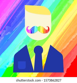 A vector illustration of a man blonde with moustache painted with the colors of an LGBT community rainbow against a rainbow background
