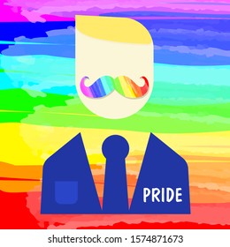 A vector illustration of a man blonde with moustache painted with the flowers of an LGBT community rainbow on a rainbow background with an PRIDE inscription on his chest