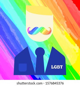 A vector illustration of a man blonde with moustache painted with the flowers of an LGBT community rainbow on a rainbow background with an LGBT inscription on his chest