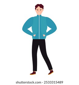 Vector illustration of a man in a blue jacket and black pants, standing with hands in pockets, smiling confidently.