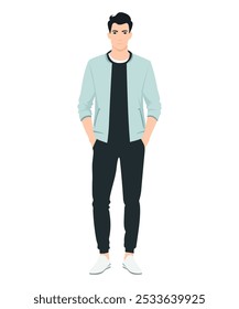 Vektorgrafik eines Mannes in einer blauen Jacke. Einfache und dennoch stilvolle Kombination, die sich für den urbanen Alltag eignet.